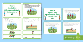 Year 1 Sports Day Maths Differentiated Challenge Cards - KS1, Numeracy, Activity, questions, problem solving, P.E., events, adding and subtracting