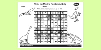 Dinosaur Themed Missing Numbers Number Square 1-100 - dinosaur