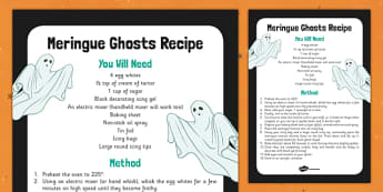 Meringue Ghosts Recipe - food, instructions, halloween, KS1, KS2 
