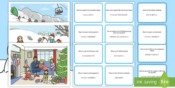 Winter Scene and Question Cards English/Mandarin Chinese - winter scenes, question cards, pack, Christmas, Skiing, Snowboard, Sledging, EAL