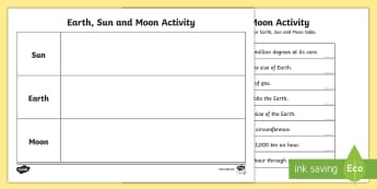Earth Sun and Moon Fact Table Activity - earth sun and moon fact worksheet, earth sun and moon fact sorting worksheet, solar system worksheet, ks2 science