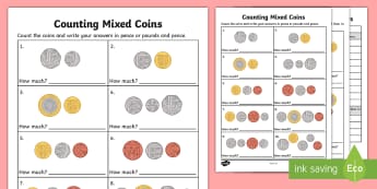 Counting Mixed Coins Activity Sheet - UK, currency, money,counting, worksheet, UK, pound, pence, coin