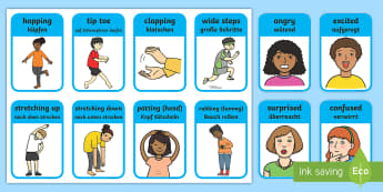 Action and Emotion Words Flashcards English/German  - ourselves, all about me, emotions, feelings, EAL, German, English-German,,German-translation
