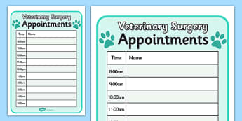 Vets Surgery Pet Appointments Form - Vets, vet, vet role play, pet, pets, pet appointment, appointments, form, animal information, vet, operation, xray, nurse, medicine, vaccine, bandage, cat, dog, rabbit