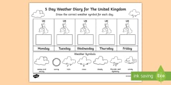 5 Day Weather Diary for the United Kingdom Activity Sheet - weather, climate, UK, Britain, british, united kingdom, map, daily, forecast, worksheet, weather sym