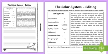 The Solar System Editing Passages Activity Sheet - ACELY1715, Language, Punctiation, Spelling, Organisation, Paragraphs, Reading, Self Editing, Re-Read