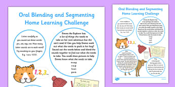 Oral Blending and Segmenting EYFS Home Learning Challenge Sheet Nursery FS1 - EYFS planning, Early years activities, homework activities, phonics, Letters and Sounds, Phase 1, Aspect 7