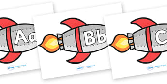 A-Z Alphabet on Rockets - Rocket, topic, space, Alphabet frieze, Display letters, Letter posters, A-Z letters, Alphabet flashcards, moon, stars, planet, planets