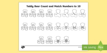 Teddy Bear Count and Match Numbers to 10 Activity Sheet - EYFS, Number, ELG, mathematics, early years,  activities, maths, small group work, Worksheet, interv