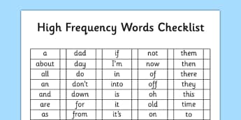 High Frequency Words Checklist - high frequency, words, checklist, high, frequency