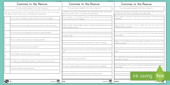 Commas to the Rescue Differentiated Activity Sheets - Writing, Commas, List, Series, Grammar, Language, Punctuation 