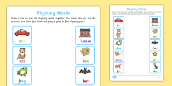 Rhyming Words Home Learning Activity Sheet - EYFS, Early Years, phonics, Letters and Sounds, Phase 1, Aspect 4, rhyming words, nursery, reception, worksheet