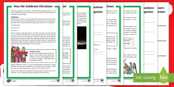 How We Celebrate Christmas Differentiated Reading Comprehension Activity English/Spanish  - Christmas, traditions, food, decorations, true meaning, EAL
