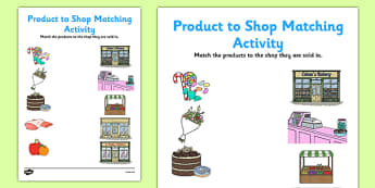 Product to Shop Matching Activity Sheet Pack - shop, shopping, match, roleplay, worksheet