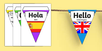 Mixed Languages Hello Bunting - hello bunting, hello in different languages, hello in different languages bunting, languages bunting, greetings bunting