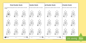 Mixed Number Bonds to 10 on Robots Worksheet - number bonds, Number bonds, robot, single digit addition, single digit subtraction