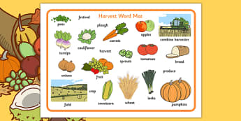 Harvest Word Mats - Word mat, Harvest, Autumn, seasons,  A4, display, harvest,  harvest festival, fruit, apple, pear, orange, wheat, bread, grain, leaves, conker
