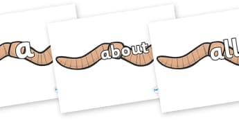 100 High Frequency Words on Worms - High frequency words, hfw, DfES Letters and Sounds, Letters and Sounds, display words