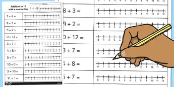 Addition to 12 with a Number Line Activity Sheet - number line, worksheet