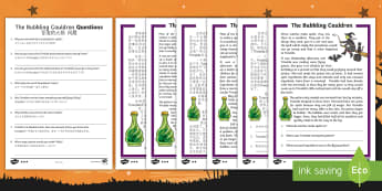 The Bubbling Cauldron Reading Comprehension Activity English/Mandarin Chinese - Halloween, october, festival, autumn, EAL
