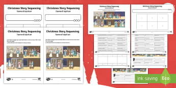 Christmas Story Sequencing Activity Sheet English/Hindi - angel, Gabriel, Jesus, celebration, stable, Mary, wise men