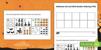 Halloween Themed Cut and Stick Number Ordering 1-10 Activity