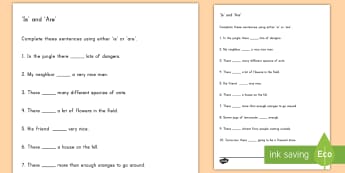 Is and Are Activity Sheet - is and are, english, grammar, worksheet, vocabulary, plural