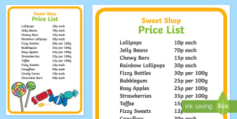 Sweet Shop Role Play Price List Poster - Sweet Shop Role Play Signs - sweets, shop, role play, candy, candy shop, sign, signs, poster, banner