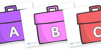 A-Z Alphabet on Book Bags - A-Z, A4, display, Alphabet frieze, Display letters, Letter posters, A-Z letters, Alphabet flashcards