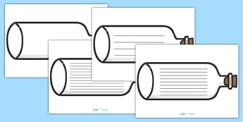 Message in a Bottle Writing Frames - message in a bottle, pirates, pirate writing frame, bottle writing frame, shape writing frame, bottle shape template