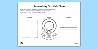 Researching Scottish Clans Activity Sheet - cfe, research, researching, scottish clans, activity, worksheet