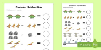 Dinosaur Themed Subtraction Sheet - subtract, take away, numeracy, Subtraction, dinosaur, one digit, numeracy, numbers, subtraction, single digit, dinosaurs