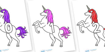 Numbers 0-50 on Unicorn - 0-50, foundation stage numeracy, Number recognition, Number flashcards, counting, number frieze, Display numbers, number posters