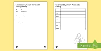 GCSE Poetry Glossary Activity to Support Teaching on 'A Complaint' by William Wordsworth - GCSE Poetry, William Wordsworth, A Complaint, The Romantics, Coleridge, structure and form, language