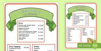 Pizza Parlour Role Play Menu English/Italian - Pizza Parlour Role Play Pack, pizza, play, acting, drama, restaurant, fast, food, hut, express, eati
