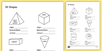 3D Shape Properties Worksheets - 3D, shapes, shape properties