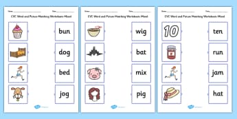 CVC Word and Picture Matching Mixed Worksheets - CVC Words With Pictures