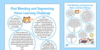 Oral Blending and Segmenting EYFS Home Learning Challenge Sheet Reception FS2 - EYFS planning, Early years activities, homework activities, phonics, Letters and Sounds, Phase 1, Aspect 7