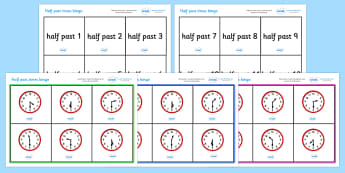 Half Past Time Bingo - Time bingo, time game, Time resource, Time vocaulary, clock face, Oclock, half past, quarter past, quarter to, shapes spaces measures