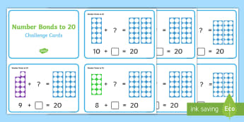Number Shapes Number Bonds to 20 Challenge Cards - Requests KS1, maths, number bonds, 20, twenty, adding, numicon, calculations, number day