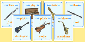 I Can Musical Instrument Posters - Music, musical action, instrument, playing instruments, I can, piano, drums, guitar, recorder, violin, triangle, cymbals