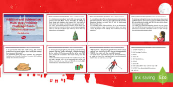 UKS2 Addition and Subtraction Multi step Word Problems Christmas Maths Challenge Cards English/German - Maths, Numbers, EAL, German, English-German,,German-translation
