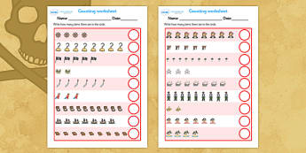 My Counting Worksheet (Pirates) - Counting worksheet, Pirate, pirates, counting, activity, how many, foundation numeracy, counting on, counting back, Flag, pirate bunting, treasure, ship, jolly roger, ship, island, ocean