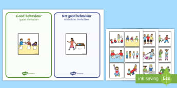 Classroom Behaviour Sorting and Discussion Cards English/German - behave, good, bad, rules, EAL, German, English-German,,German-translation