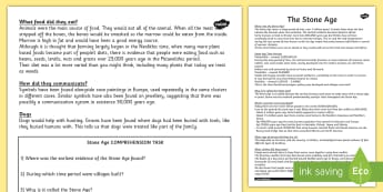 Stone Age Reading Comprehension Activity - worksheet, stone age, history