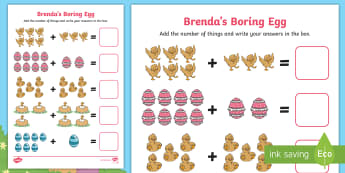 Brenda's Boring Egg Up to 10 Addition Sheet - Twinkl originals, fiction, KS1, EYFS, story, maths, calculation, the ugly duckling, eggs, hatching, 