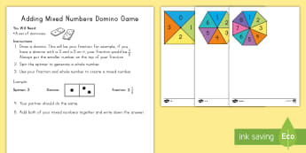 Adding Mixed Numbers Domino Game - mixed numbers, adding mixed numbers, subtracting mixed numbers, dominoes, spinner, fractions, improp