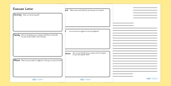 Evacuee Letter Writing Frame - evacuee letter, writing frame, journey, family, staying with, writing template, writing frames, word cards, flashcards, template, where were you living, help, 