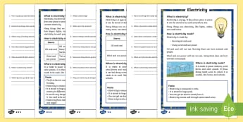 KS1 Electricity Differentiated Reading Comprehension Activity - Light, dark, sources, science, ks1, year 1, year 2, lights, shadows, invention, how electricity is m