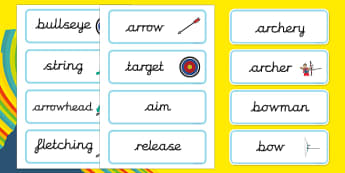 The Olympics Archery Word Cards - Olympics, Olympic Games, sports, Olympic, London, 2012, word card, flashcards, cards, Olympic torch, flag, countries, medal, Olympic Rings, mascots, flame, compete, archery, archer, bowman, bow, arrow, target, aim, b